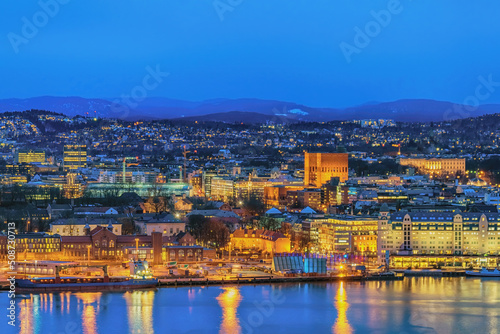 Print op canvas Oslo Norway, night city skyline at business district and Oslo City Hall