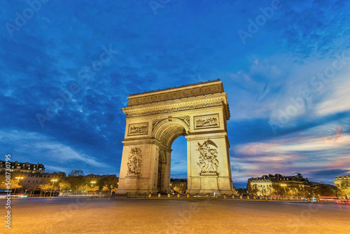 Canvas Print Paris France night city skyline at Arc de Triomphe and Champs Elysees