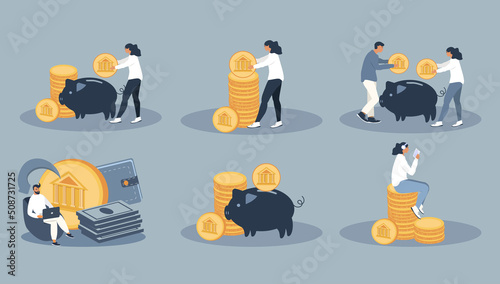 vector illustration in a flat style - a set of pictures on the theme of banks, money, savings, deposits