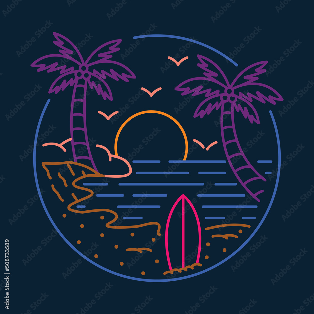 Quiet beach with sunset graphic illustration vector art t-shirt design
