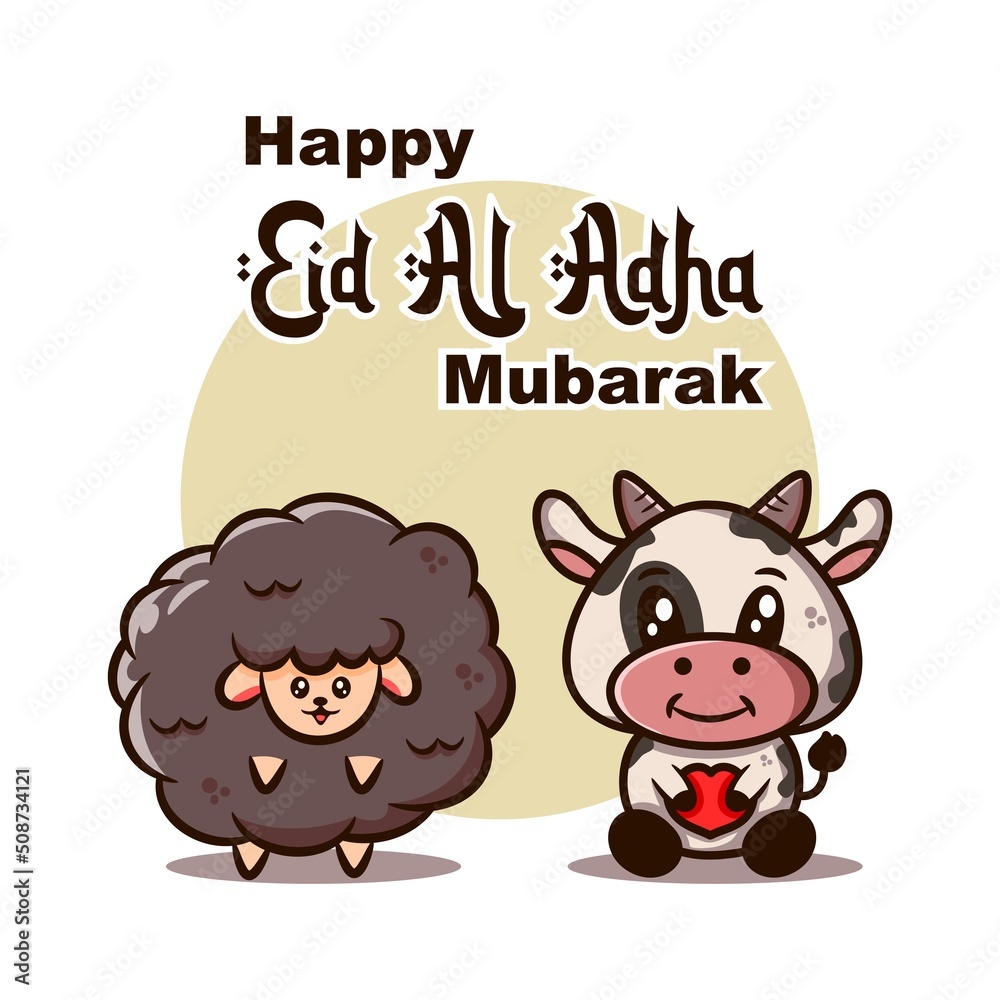 Happy Eid al-Adha funny greetings with sheep and cows Happy Eid al-Adha funny greetings with sheep and cows