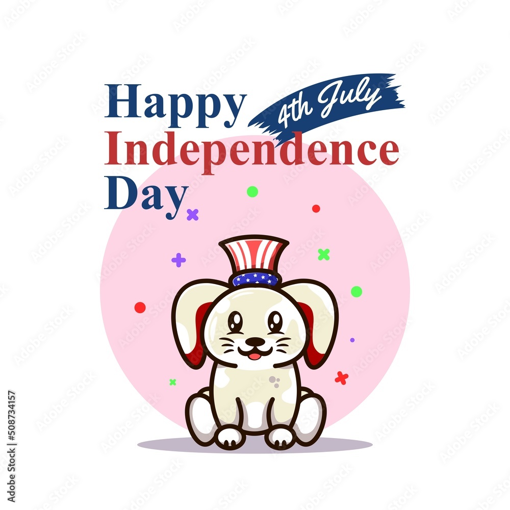 cute happy independence day 4th of july greeting card with bunny wearing american hat