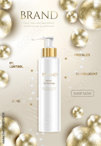 Cosmetic set ads,White gold luxury. Science abstract vector background design with DNA molecular structure. 3d molecules or atoms model illustration, scientific banner for medicine, biology, chemistry