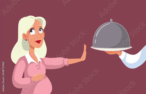 Pregnant Woman Refusing Meal Course Vector Cartoon Illustration. Mother to be skipping meal duet to nausea and food restrictions
