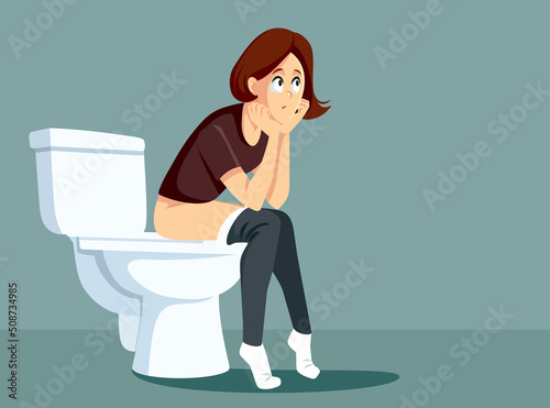 Bored Woman Sitting on the Toilet Vector Cartoon Illustration. Constipated girl waiting in the bathroom feeling her stomachache
