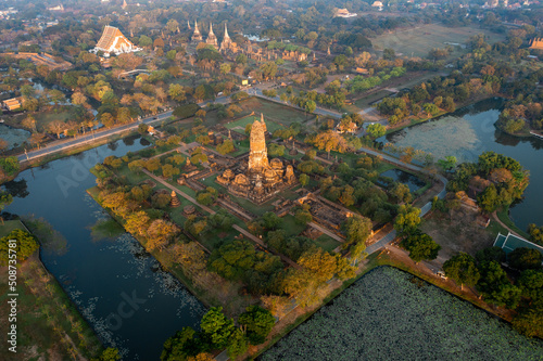 Aerial view of Wat Phra Ram ruin temple in Phra Nakhon Si Ayutthaya, Thailand