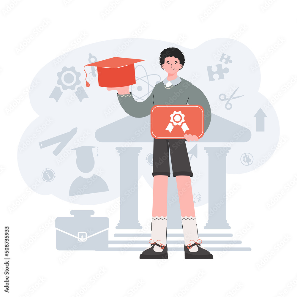 Obraz premium The guy stands in full growth and holds a graduation cap and a diploma. Education. Element for presentations, sites.