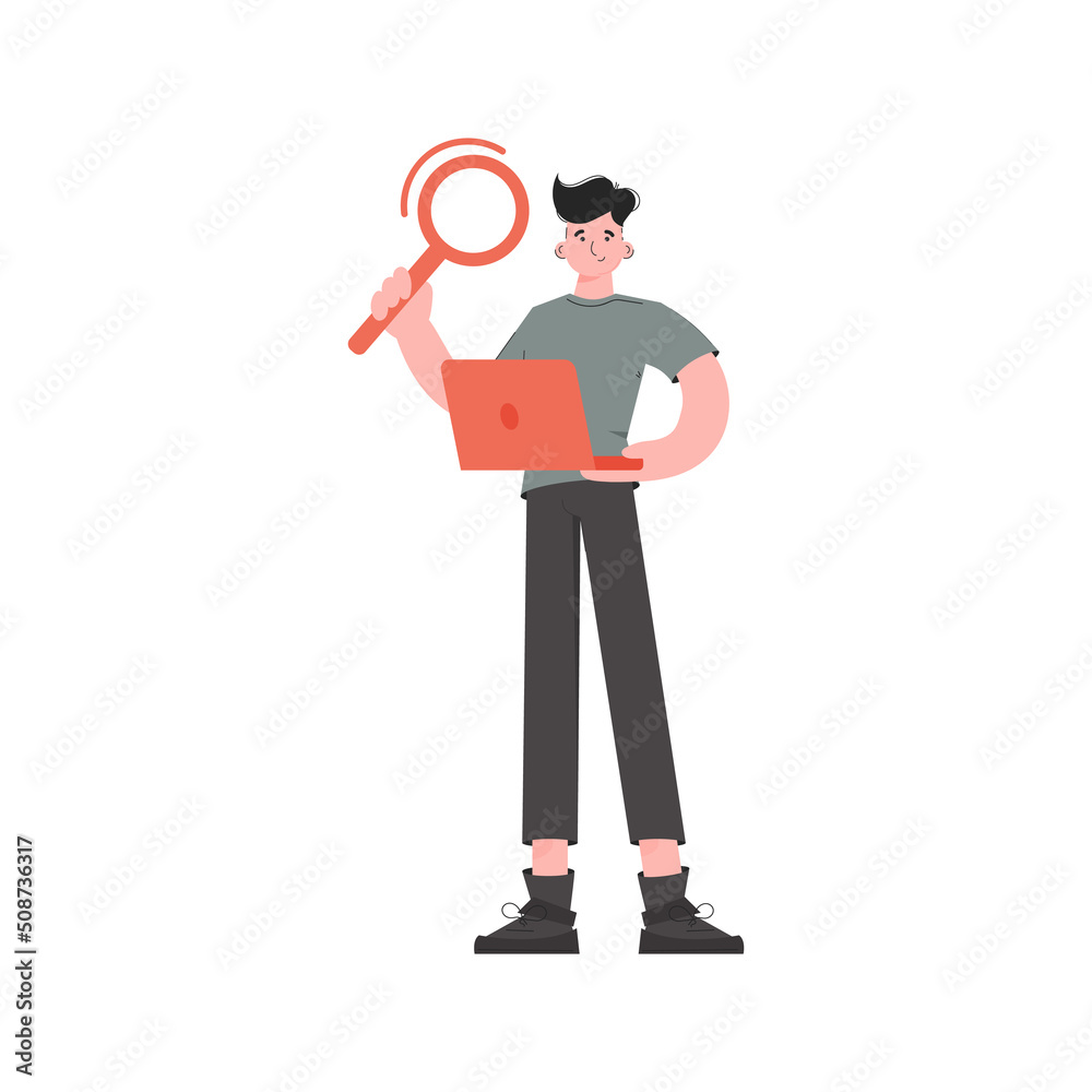 The guy is standing in full growth holding a magnifying glass. Isolated. Element for presentations, sites. The guy is standing in full growth holding a magnifying glass. Isolated. Element for presentations, sites.