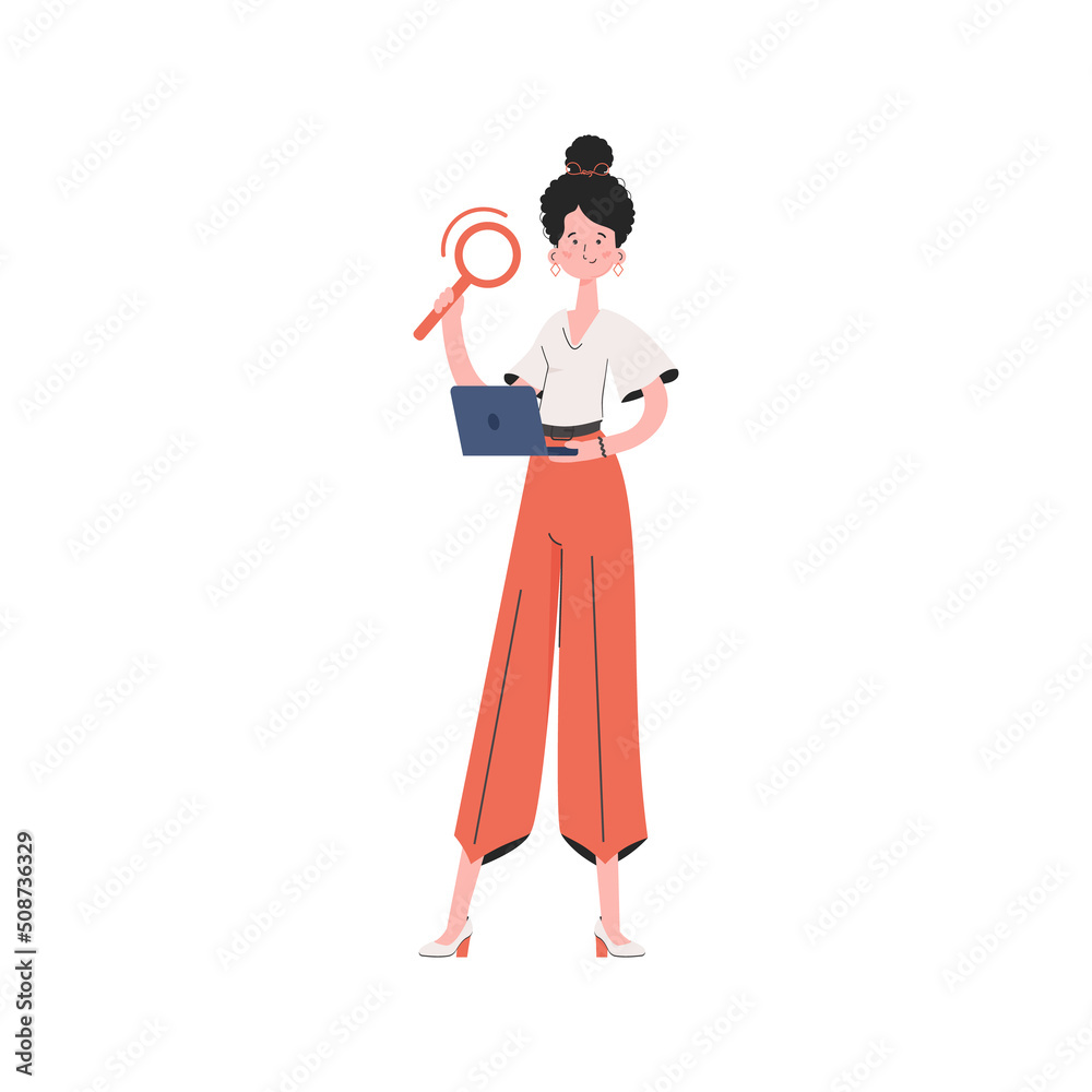 The girl is standing in full growth holding a magnifying glass. Isolated. Element for presentations, sites The girl is standing in full growth holding a magnifying glass. Isolated. Element for presentations, sites