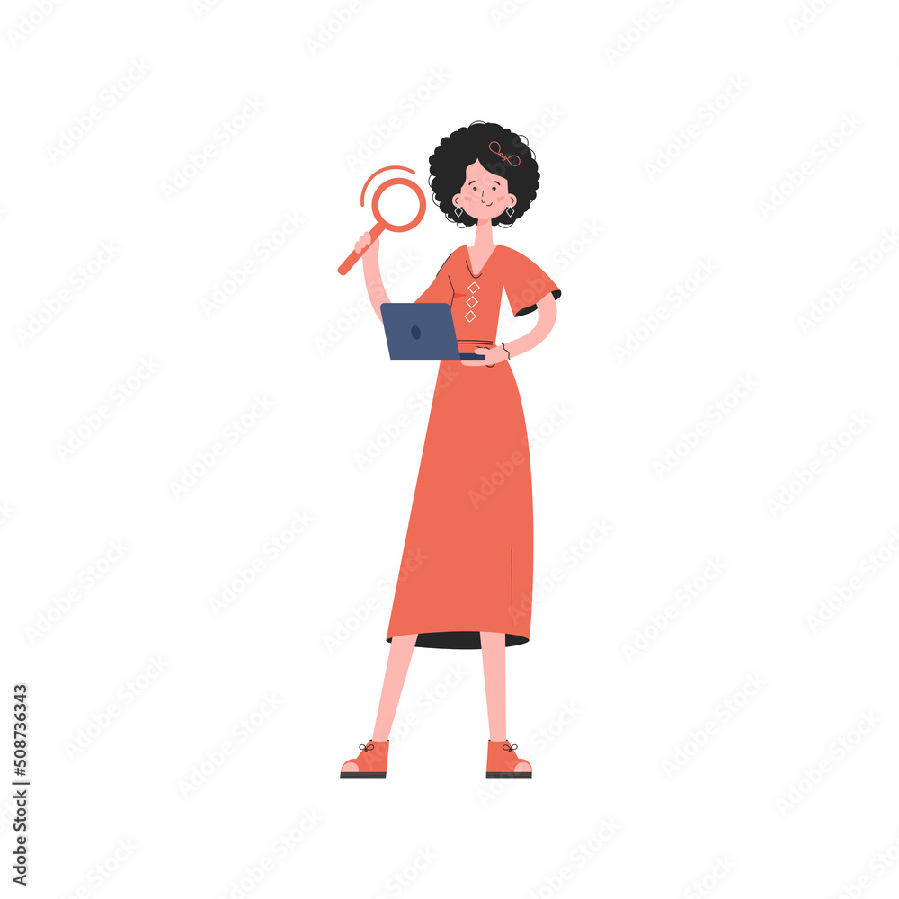The girl stands in full growth holding a computer and a magnifying glass in her hands. Isolated. Element for presentations, sites. The girl stands in full growth holding a computer and a magnifying glass in her hands. Isolated. Element for presentations, sites.