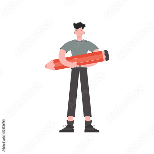 A creative man stands in full growth holds a large pencil. Isolated. Element for presentations, sites.