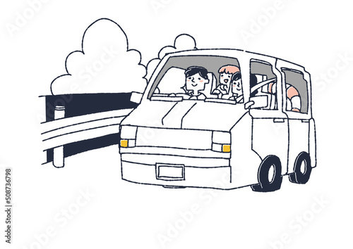 海に車で向かう家族　コミカルな手書きの人物　ベクター、温かみのある線画