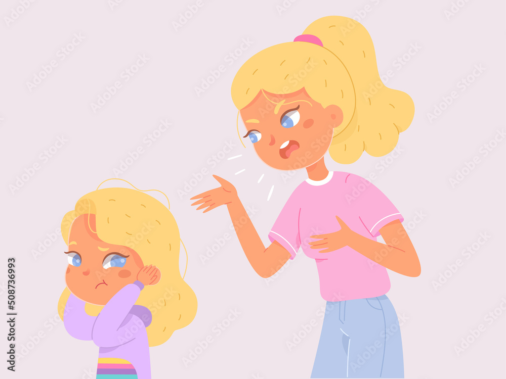 Angry mother scolding sad kid, furious woman and girl standing together for anger dialog Angry mother scolding sad kid, furious woman and girl standing together for anger dialog