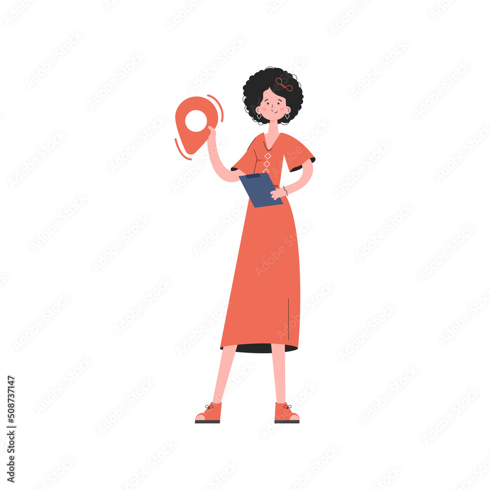 A woman stands in full growth and holds a location icon in her hands. Isolated. Element for presentations, sites. A woman stands in full growth and holds a location icon in her hands. Isolated. Element for presentations, sites.