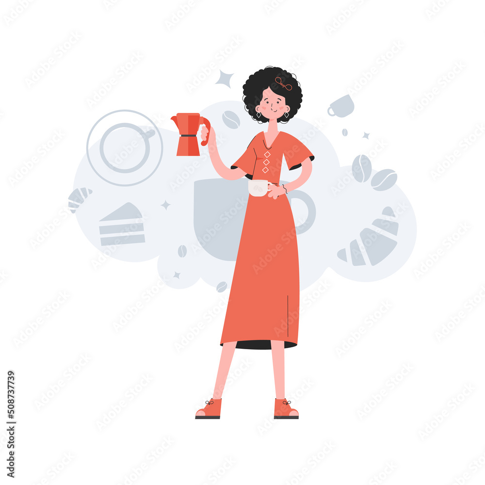 A woman stands in full growth in the hands of coffee. Coffee shop. Element for presentations, sites. A woman stands in full growth in the hands of coffee. Coffee shop. Element for presentations, sites.