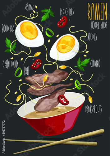 Ramen. Japanese ramen soup. Bowl of soup and ingredients. Vector illustration