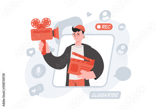 A man stands waist-deep and holds a clapperboard in his hands. Blogging. Element for presentations, sites.