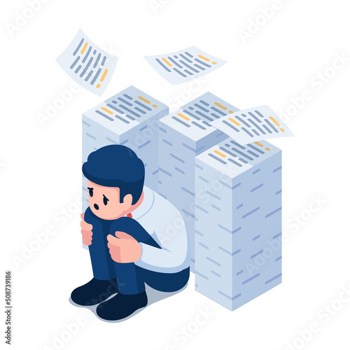 Isometric Sad Businessman sitting and hugging his knees with stack of documents
