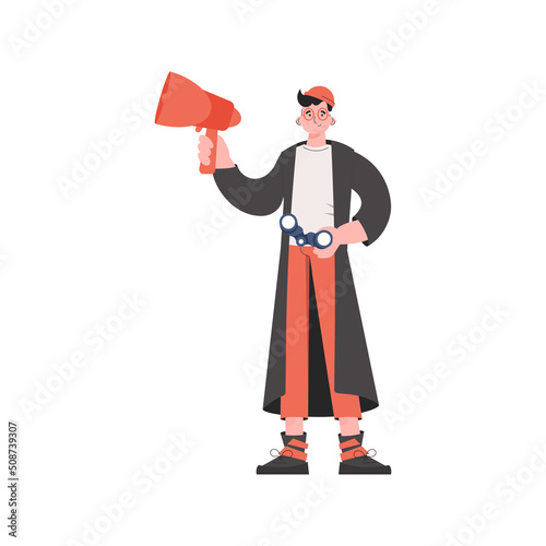 A man stands in full growth with binoculars. Isolated. Element for presentations, sites.