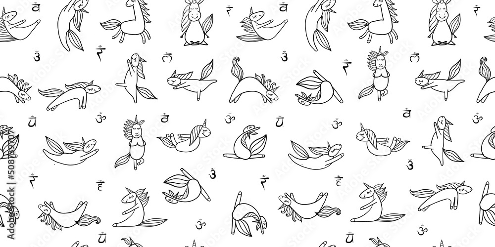 Funny Unicorns doing yoga. Seamless Pattern for your design