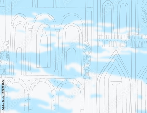 Catholic church, blue and white colors, statue of Mother Maria, vector illustration