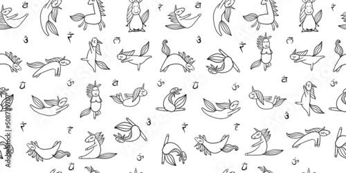 Funny Unicorns doing yoga. Seamless Pattern for your design