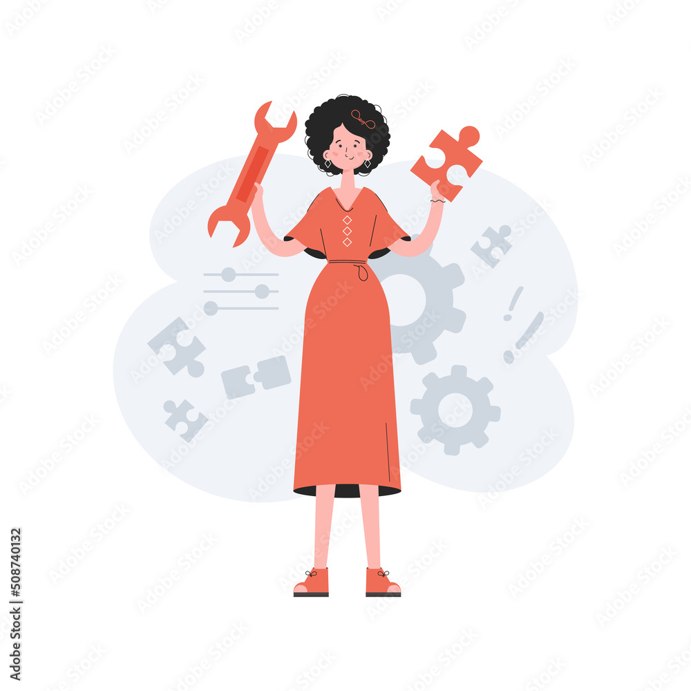 A woman stands in full growth with a puzzle in her hands. Tech support. Element for presentations, sites. A woman stands in full growth with a puzzle in her hands. Tech support. Element for presentations, sites.