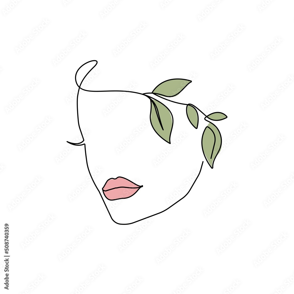 Woman Face with Leaves One Line Art Style Drawing. Continuous Line Art  Minimalist Style for Wall Art, Print, Tattoo, Poster, Textile etc. Floral  Female Fashion Face Vector illustration Stock Vector | Adobe