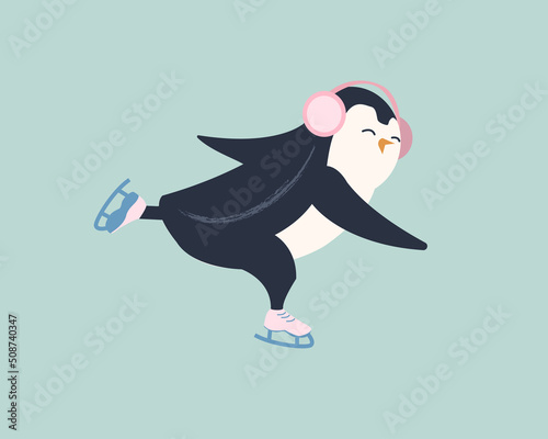 penguin skating in the swallow pose. the concept of winter sports
