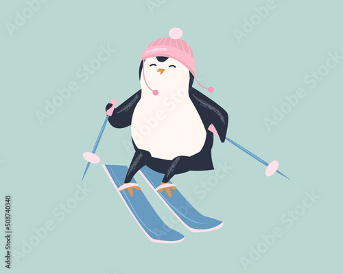 Cute and fanny penguin on skis. Winter entertainment. Isolated 