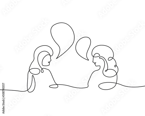 Two Women Talking Trendy Line Art Drawing. Couple Talking Minimalistic Black Lines Drawing on White Background. Continuous One Line Abstract Drawing. Peoples Modern Design. Vector EPS 10 