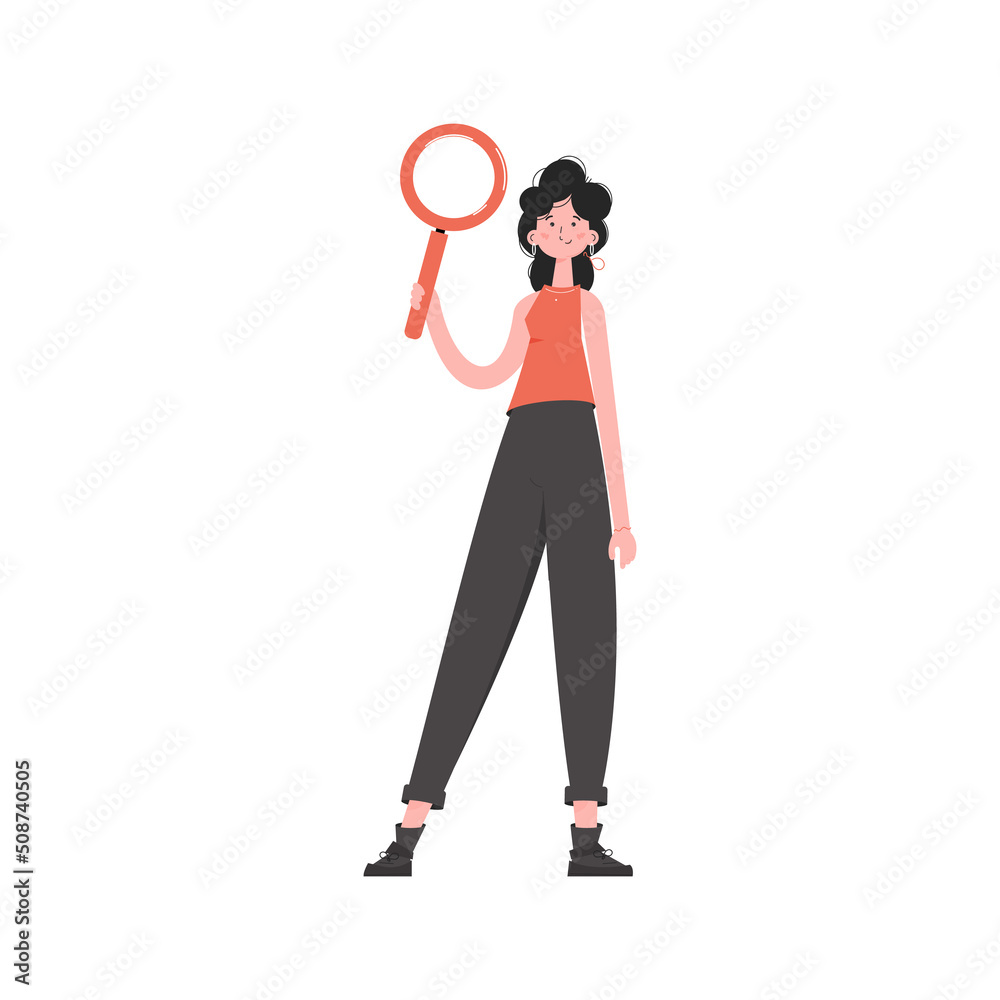 The HR manager stands in full growth and holds a magnifying glass in his hands. Isolated. Element for presentations, sites. The HR manager stands in full growth and holds a magnifying glass in his hands. Isolated. Element for presentations, sites.