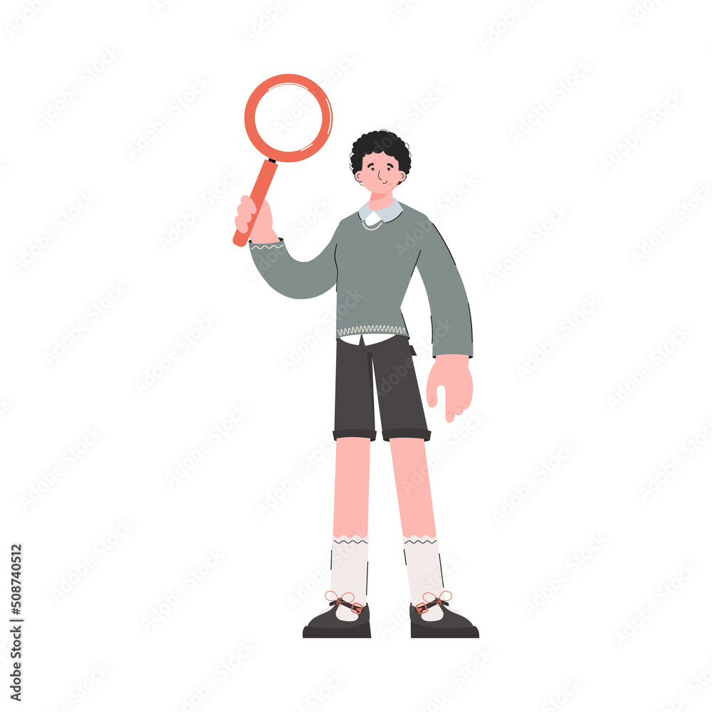 A man stands in full growth and holds a magnifying glass in his hands. Isolated. Element for presentations, sites. A man stands in full growth and holds a magnifying glass in his hands. Isolated. Element for presentations, sites.