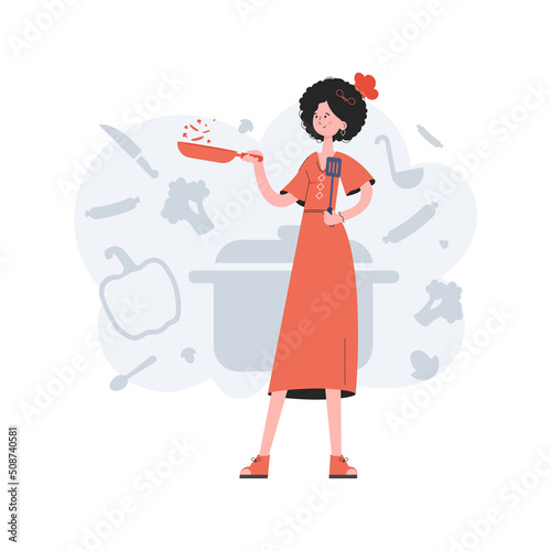 A woman stands in full growth holding a spatula in her hands. Cafe. Element for presentations  sites.
