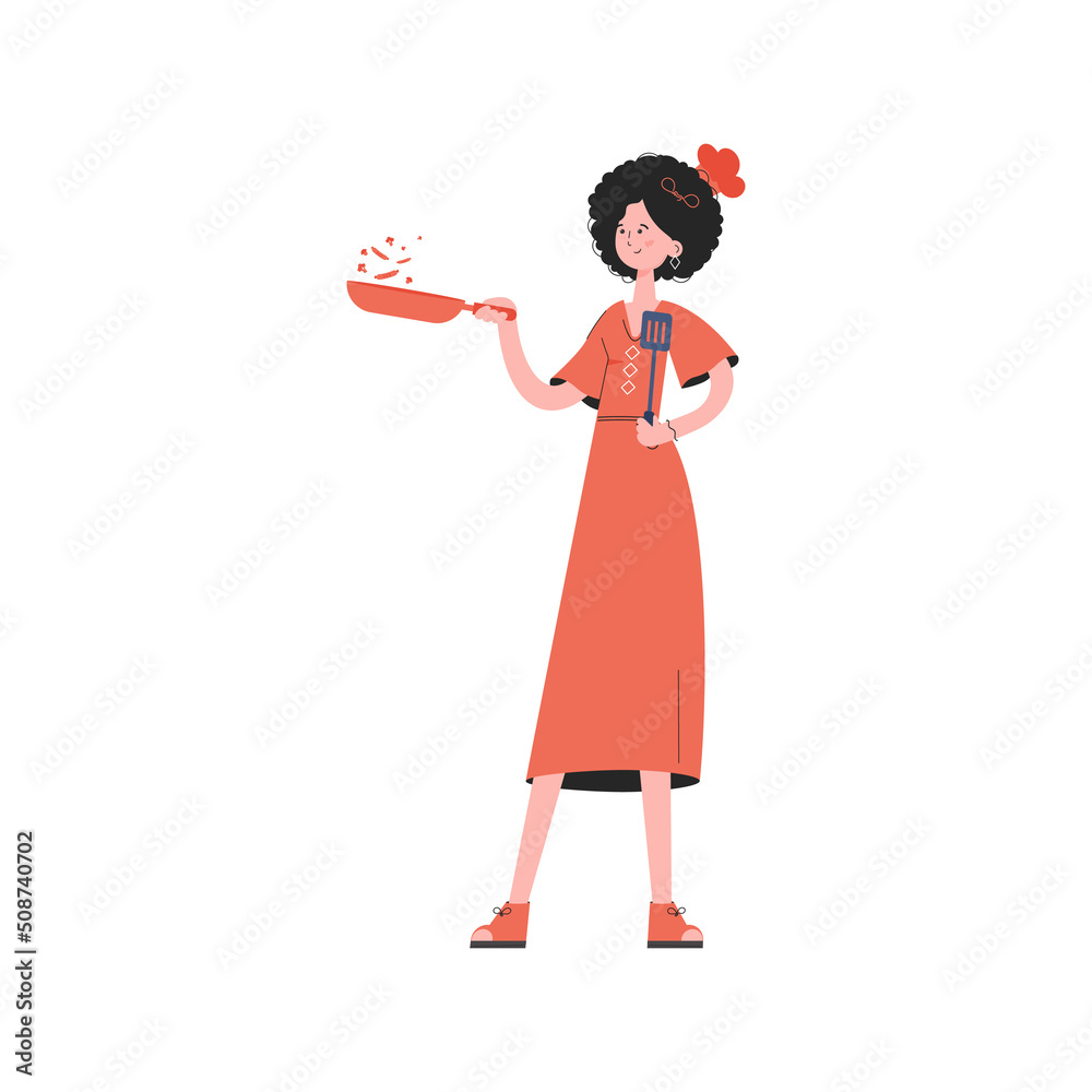 A woman stands in full growth holding a spatula in her hands. Isolated. Element for presentations, sites. A woman stands in full growth holding a spatula in her hands. Isolated. Element for presentations, sites.