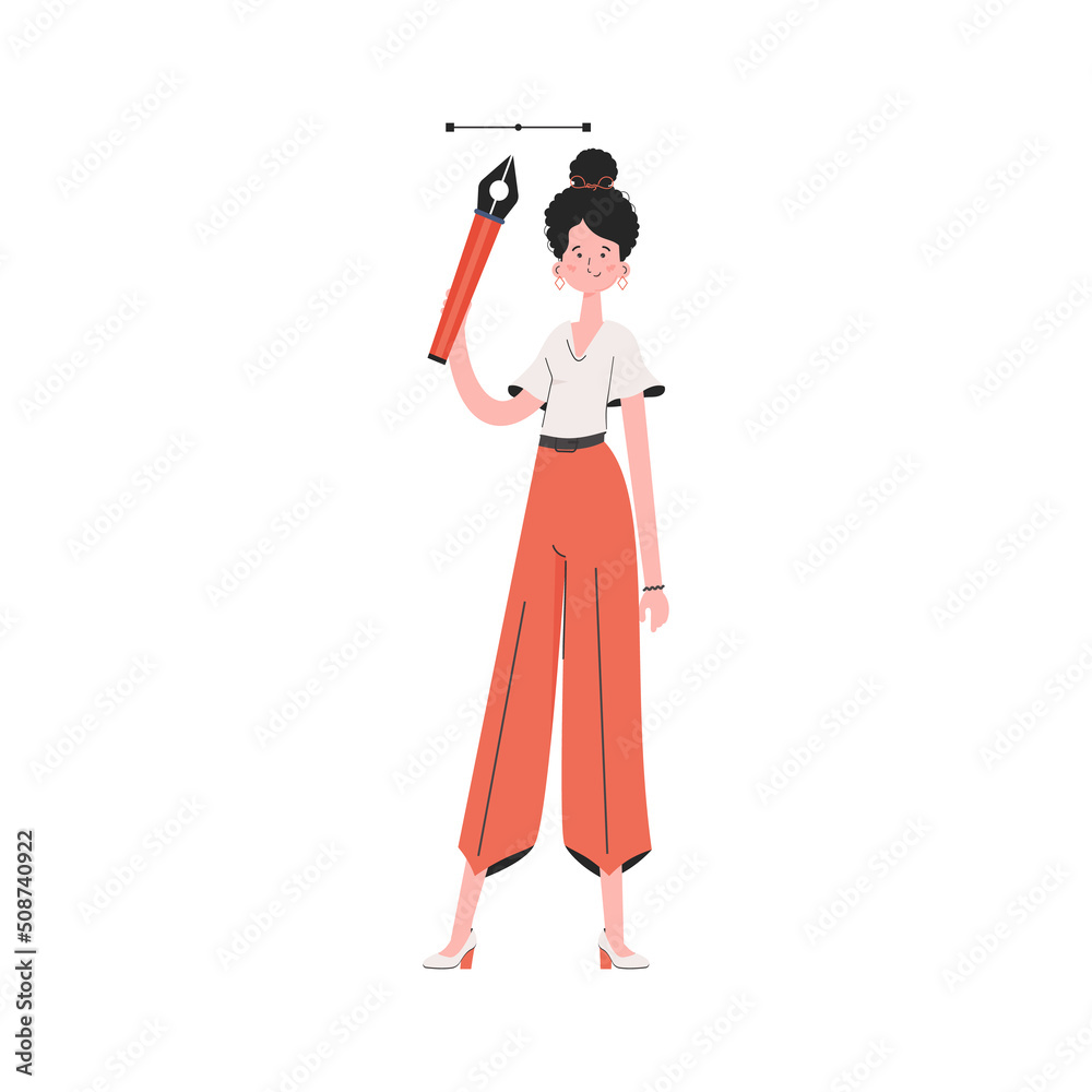 A stylish girl stands in full growth holding a pen tool in her hands. Isolated. Element for presentations, sites. A stylish girl stands in full growth holding a pen tool in her hands. Isolated. Element for presentations, sites.