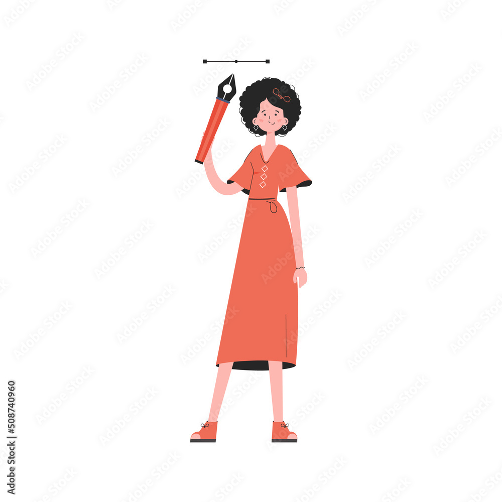 Girl designer stands in full growth holds a pen tool in her hands. Isolated. Element for presentations, sites. Girl designer stands in full growth holds a pen tool in her hands. Isolated. Element for presentations, sites.