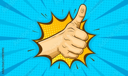 Thumb up hand gesture cartoon comic background