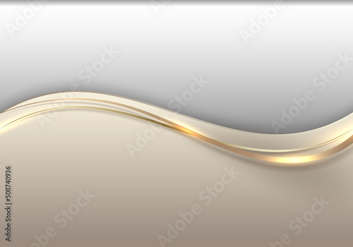 Abstract template 3D elegant golden wave shape with shiny gold line sparkling lighting on white background luxury style