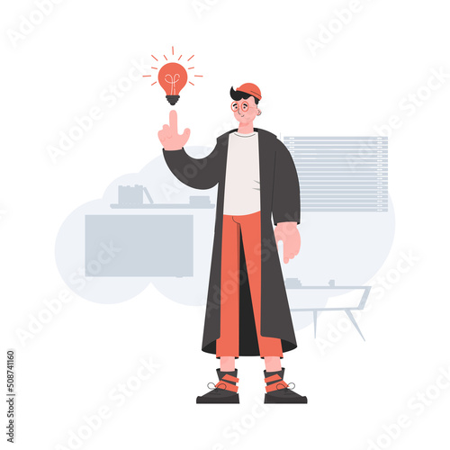 A man stands in full growth who had an idea. Idea. Element for presentations, sites.