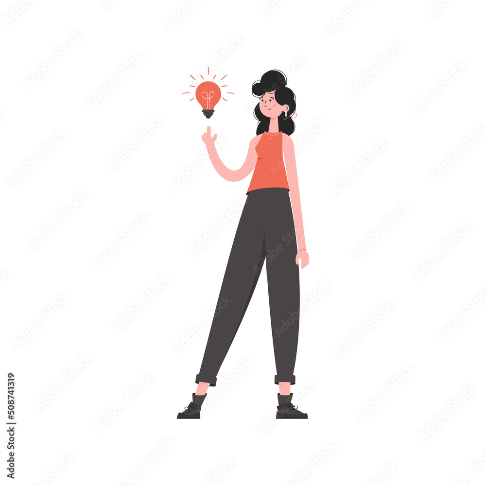 The girl stands in full growth with a light bulb. Isolated. Element for presentations, sites.
