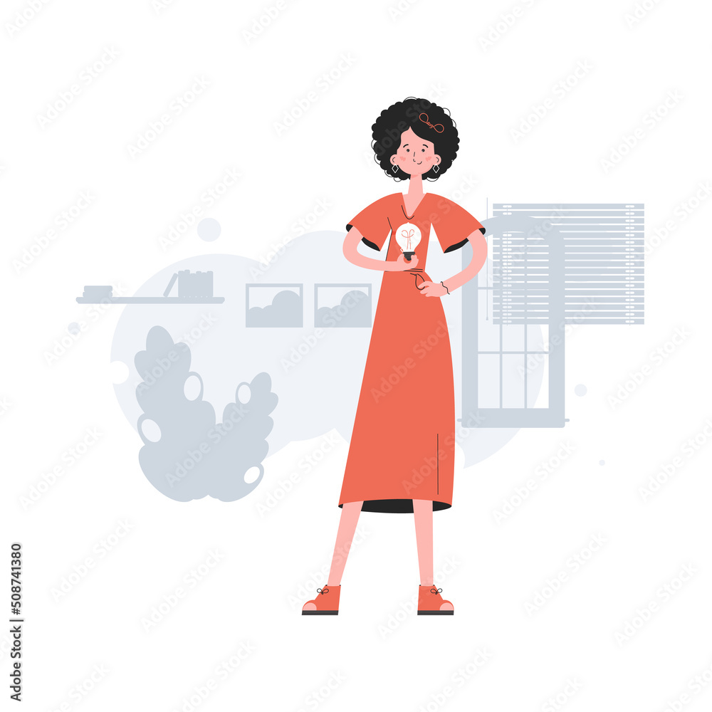 A woman stands in full growth and holds a light bulb. Idea. Element for presentations, sites. A woman stands in full growth and holds a light bulb. Idea. Element for presentations, sites.