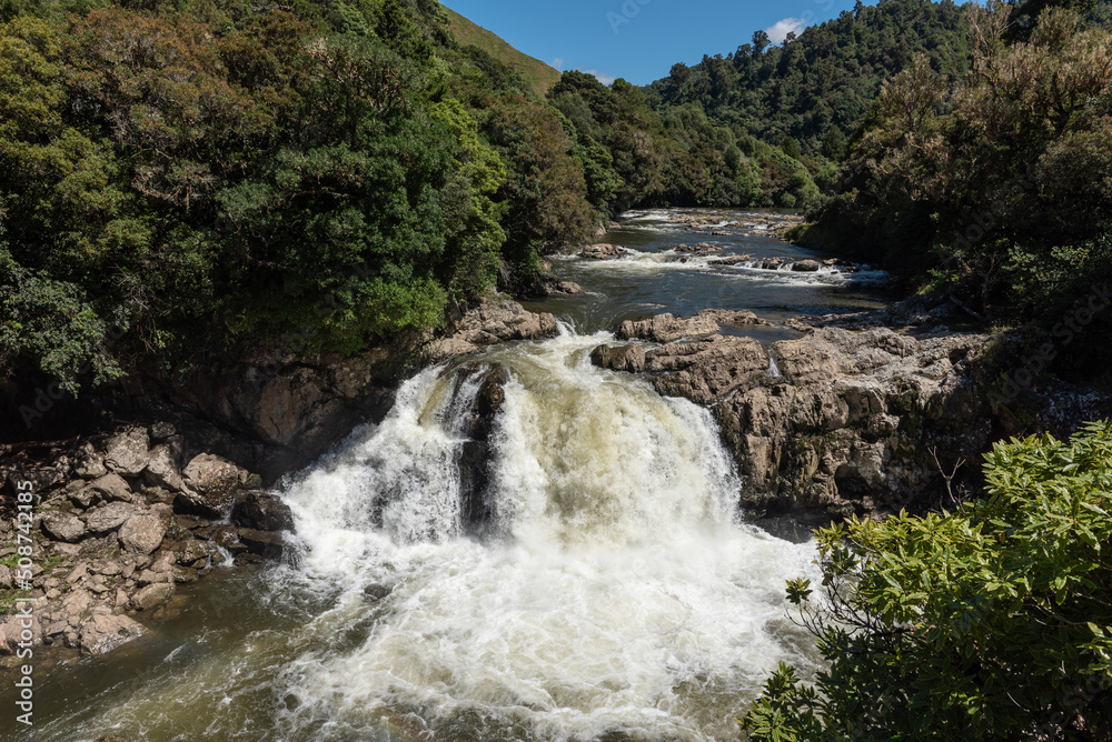 Motu Falls on the Moto River in the Whinray Reserve, Gisborne region, New Zealand. Motu Falls on the Moto River in the Whinray Reserve, Gisborne region, New Zealand.
