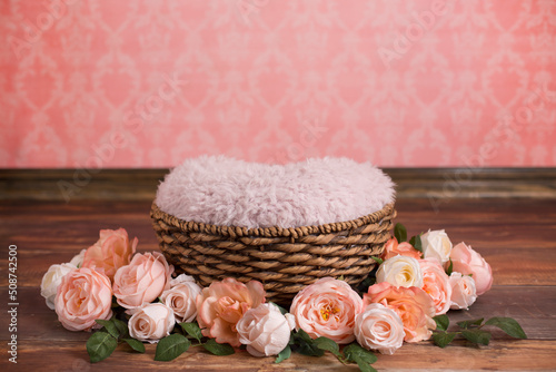 Newborn Digital Background Flokati and Wood photo