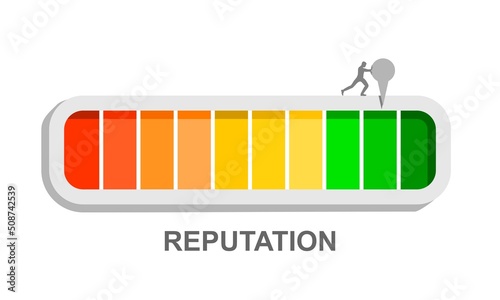 Businessman pushing pointer of indicator with color levels. Young man improving reputation