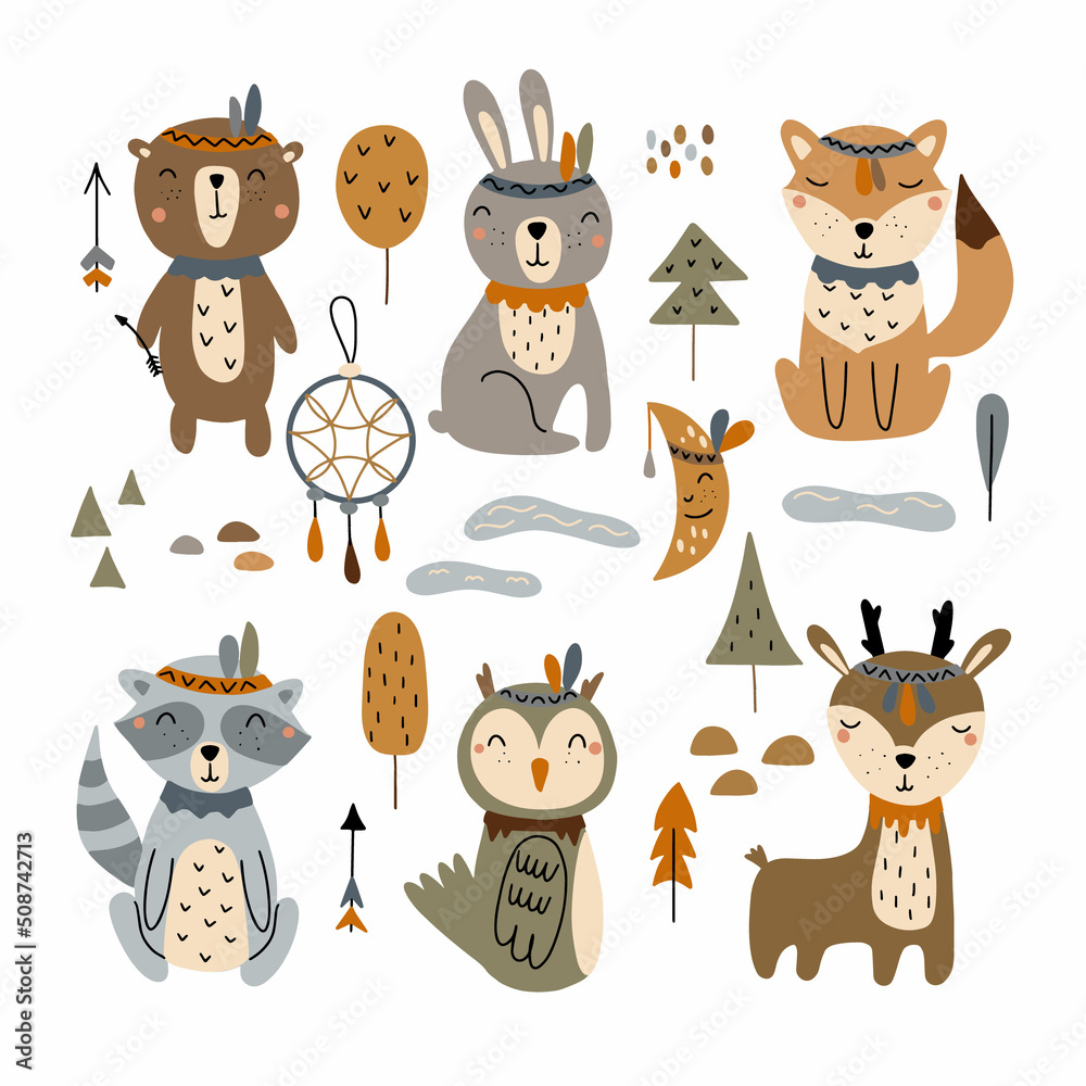 Hand drawn cute forest animals: bear, deer, rabbit, fox, owl, raccoon. Boho style vector illustration isolated on white background Hand drawn cute forest animals: bear, deer, rabbit, fox, owl, raccoon. Boho style vector illustration isolated on white background