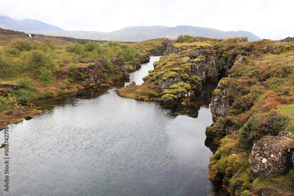 landscape of the Thingvellir national park in Iceland. The place where North American and Eurasian tectonic plates meet. landscape of the Thingvellir national park in Iceland. The place where North American and Eurasian tectonic plates meet.