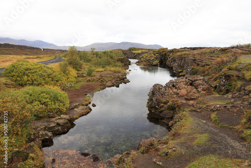 landscape of the Thingvellir national park in Iceland. The place where North American and Eurasian tectonic plates meet.