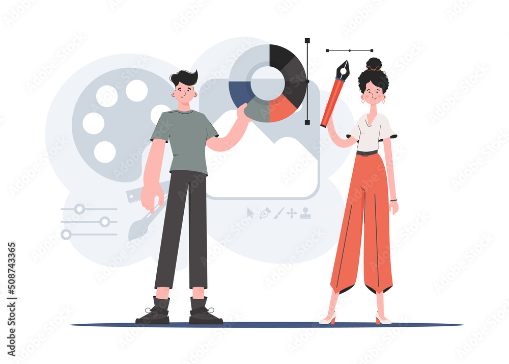 A man and a woman stand in full growth and hold a color palette and a pen tool. Design. Element for presentations, sites.