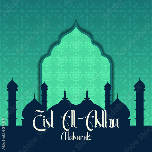 Eid al-Adha greetings with a mosque background and Islamic pattern.